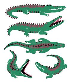 three crocodiles with different patterns and colors