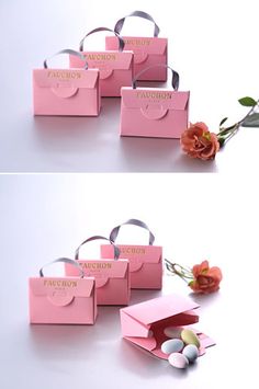 four different images of pink boxes with candy in them