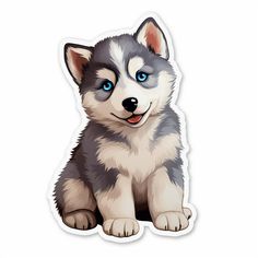 a husky dog sticker with blue eyes sitting in front of a white background and looking at the camera