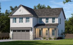 a two story house with white siding and windows