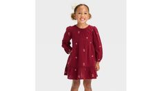 Add an elegant piece to your toddler's wardrobe with this floral long-sleeve dress from cat & jack™. This long-sleeve dress in a knee length sports a casual crewneck, soft gathers on the waist, a tiered hem and allover floral embroidery for cute style. The soft cotton gauze fabric with lining lends comfortable all-day wear, and the keyhole behind-the-neck button closure makes dressing easy. Plus, the side pockets provide space for them to stash their favorite small toys. Cat & jack™: designed for all children so you can trust it's made for yours. | Cat & Jack Girl's Toddler Dark Red Floral Long Sleeve Dress (2T) | Target Toddler Cowgirl Boots, Girls Chambray Dress, Floral Long Sleeve Dress, Girls Denim Jacket, Toddler Dresses, Cotton Gauze Fabric, Girls Tunics, Cozy Dress, Cami Maxi Dress