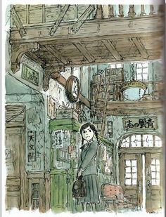 a drawing of a woman holding a purse in a room with wooden beams and windows