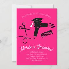 a pink graduation party card with scissors and hairdryer