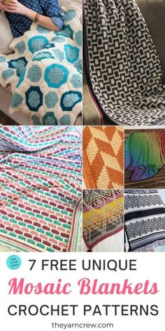 the free unique mosaic blankets crochet pattern is shown in four different colors and sizes