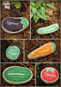 several pictures of different types of rocks with words painted on them and carrots in the middle