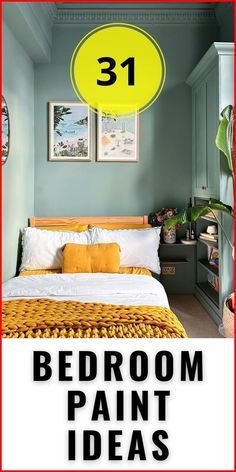 the bedroom is painted in bright yellow and has pictures on the wall above it that says 31