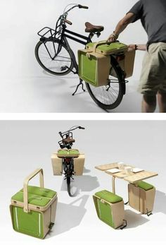 two pictures showing the same bike with different seats and tables attached to it, one is green and the other is beige