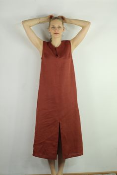 "Write the selected color in the message Maxi dress, Long cinnamon linen dress, sleeves and 2 pockets, perfect for casual wear and suitable for any occasion in any season Details: - 100% natural linen produced in Europe ; - medium weight (180 gram per square meter); - color: cinnamon, could be any from our colors catalog (color samples at the photo); Made to order, approximately a few days, If you have any questions please message me and I will be glad to answer. Size guide : Size XS Bust: fits Brown A-line Midi Dress For Vacation, Linen Midi Dress With Side Slits, Brown Summer Midi Dress With Pockets, Brown Midi Dress With Pockets For Summer, Spring Brown Tunic Maxi Dress, Linen Midi-length Dresses With Side Slits, Brown Linen Dresses With Pockets, Summer Tunic Dress With Side Slits, Brown Beach Dress With Pockets