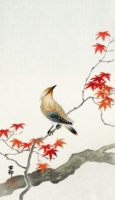 a bird sitting on top of a tree branch next to red leaves and chinese characters