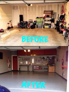 before and after photos of a garage with the door open to show what's inside