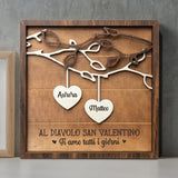 a wooden plaque with two hearts hanging from it's sides next to a framed photo