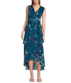 Ignite Evenings Sleeveless V-Neck Tie Waist Floral Midi Dress | Dillard's Formal Wedding Guest Dress, Tea Length Dress, Formal Dresses Gowns, Autumn Clothes, Tea Length Dresses, Dress 16, Dress Silhouette, Tea Length, Faux Wrap Dress