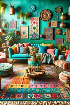 a living room filled with lots of colorful furniture and art on the wall above it