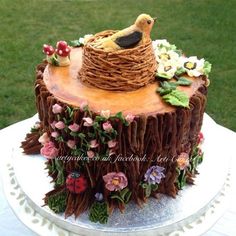 a cake decorated with flowers and birds nest