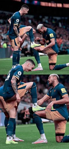 two men in matching uniforms playing soccer on a field