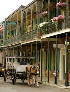 a horse pulling a carriage down the street in front of some buildings with balconies