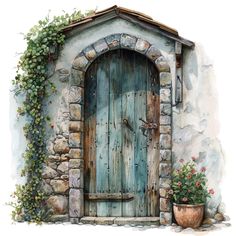 a painting of an old stone building with a door and potted plants on the outside