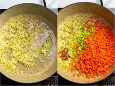 two pictures show the process of cooking vegetables in a pot on the stove top, and then showing how to cook them