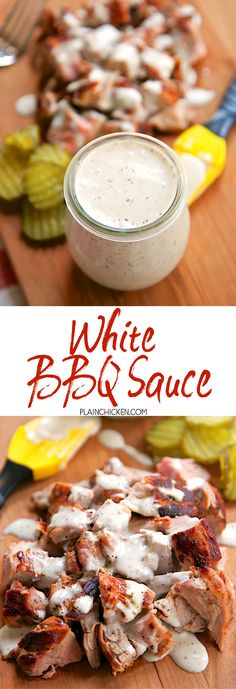 white bbq sauce in a small glass bowl on a cutting board