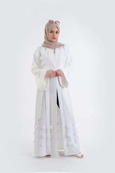 3D Flower white Abaya- Modest Dresses, Abaya,Maxi, Long Sleeve dress! Red Dress Hijab, Pleated Dress Casual, Maxi Long Sleeve Dress, White Abaya, Islamic Clothes, Abaya Outfit, Muslimah Style, Modest Fashion Hijab, Elegant Black Dress