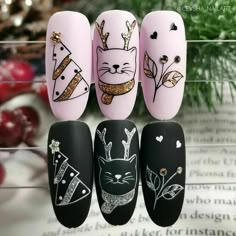 Nail Noel, Animal Nail Designs, Cat Nail Art, Xmas Nail Art, Magic Nails, Nail Drawing, Cute Christmas Nails, Christmas Gel Nails