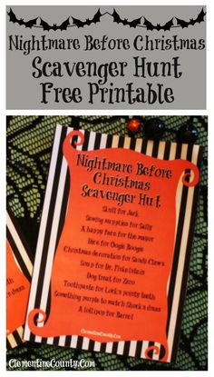 an orange and black christmas card with the words nightmares before christmas scavenger hunt free printable