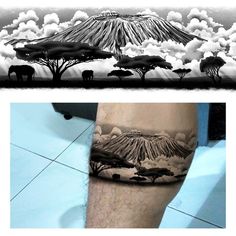 a man with a tattoo on his leg next to an image of a mountain and trees