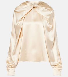 Find MAX MARA Elegante Key Torchon Silk Satin Blouse on Editorialist. Material: 100% silk. Care instructions: dry clean. Made in Italy. Designer color name: Champagne. Closure: button fastening. Luxury Silk Evening Top, Luxury Silk Top For Evening, Cream Silk Party Tops, Luxury Satin Tops, Spring Gold Silk Top, Elegant Cream Satin Top, Gold Silk Top For Spring, Gold Silk Tops For Spring, Formal Cream Satin Top