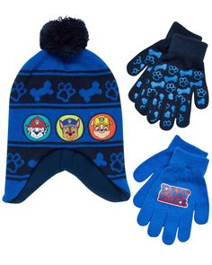 a hat, glove and mittens are shown in this image with the paw patrol logo on it