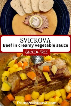 two pictures with different types of food in them and the words svckova beef in creamy vegetable sauce