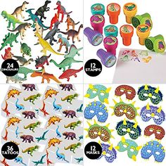 dinosaur party favors and cupcake toppers for birthdays or baby shower parties, 24 count each