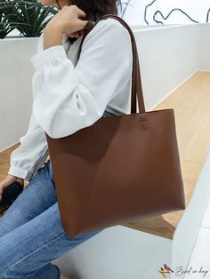 BirdinBag - Sleek Shoulder Tote: Effortlessly Stylish Casual Solid Color Shoulder Bag For Office, Casual Office Shoulder Bag, Casual Solid Color Office Shoulder Bag, Elegant Bags, Color Coffee, Coffee Brown, Shoulder Tote Bag, Shoulder Tote, Style Elegant