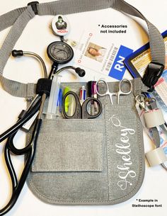 A work bag or fanny pack allows healthcare providers immediate access to essential tools and supplies (such as gloves, scissors, and medication) facilitating quick responses in emergencies. It also helps in organizing and keeping personal items secure while they move around, ensuring they're prepared for any situation without being weighed down. Add your personalization with any name and/or credentials --> makes a perfect gift for vet techs, nurses, doctor, student nurse, teachers, crafters, res Nurse Work Bag, Nurse Fanny Pack, Belt Organizer, Sharp Scissors, Medical Nurse, Nursing Supplies, Nurse Bag, Nursing Accessories, Tool Belt