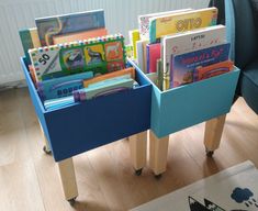 two children's bookshelves on wheels in the living room