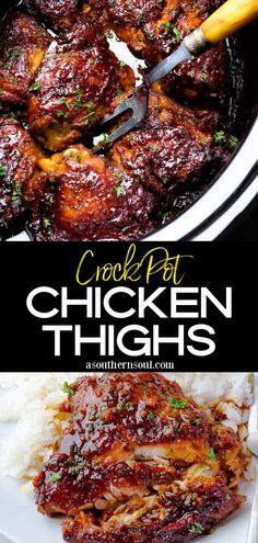 crock pot chicken thighs in a slow cooker with the words crock pot chicken thighs above it