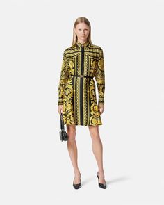 Versace Barocco Silk Shirt Mini Dress | VERSACE Luxury Long Sleeve Shirt Dress For Spring, Chic Long Sleeve Dresses With Baroque Print, Chic Long Sleeve Baroque Print Dresses, Designer Fitted Shirt Dress, Luxury Baroque Print Dress, Dresses Versace, Shirt Mini Dress, Versace Dress, Designer Dresses For Women