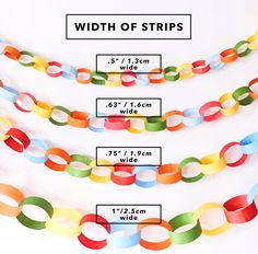 multicolored paper streamers are shown with measurements for each string and the length