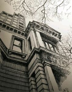 a black and white drawing of a tall building