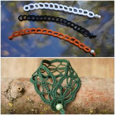 three different types of bracelets sitting on top of a tree branch