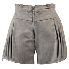 Casual shorts. Textile: made of high quality grey wool. Size: 40(L) (size of the waist: 74 cm, hip size: 98 cm, length of the trouser leg measured along the side seam: 36 cm, width of the trouser leg: 58 cm). Orders: possible to order in every size. Time required to complete order, one week. Design: Picturesque vertical trimming of trouser legs on the sides in the form of harmonica. Pockets on the sides, hidden in seams. High waisted, with metal zip at the front.  (! The discounted price applies Tailored Shorts With Pockets, Fitted Gray Summer Shorts, Gray Fitted High Waist Shorts, Gray Workwear Shorts, Fitted Gray Shorts With Short Legs, Gray Fitted Shorts With Short Legs, Elegant Gray Short Length Bottoms, Fitted Gray Shorts, Fitted Bermuda Shorts With Belt Loops