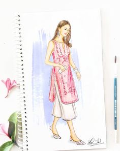 a drawing of a woman in a pink dress