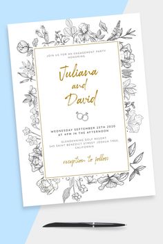 an elegant wedding card with gold foil lettering and flowers on the front, along with a pen