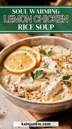 a bowl filled with lemon chicken rice soup