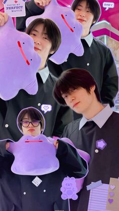 three people holding up stuffed animals in front of their faces and the same person wearing glasses