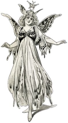 an old fashioned drawing of a fairy with wings and a tiara on her head