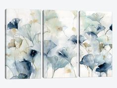 three blue and white flowers on a white background by panoramic images 3 - piece art print