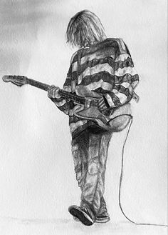 a drawing of a person with a guitar in his hand and the background is black and white