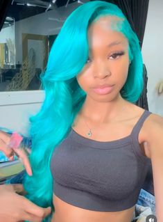 #bluehair #cute #baddie Green Lace Front Wigs, Turquoise Wig, Turquoise Lace, Hair For Women, Lace Front Wigs Human Hair, Indie Room, Wig Human Hair, Wigs Human Hair, Baddie Makeup