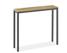 a wooden table with metal legs