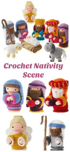 the crochet nativity scene is shown in many different colors and sizes, including one